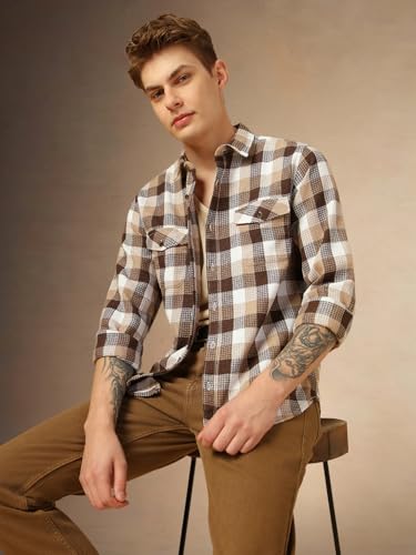 Dennis Lingo Men Relaxed Fit Cotton Full Sleeves Checks Casual Shirts Brown