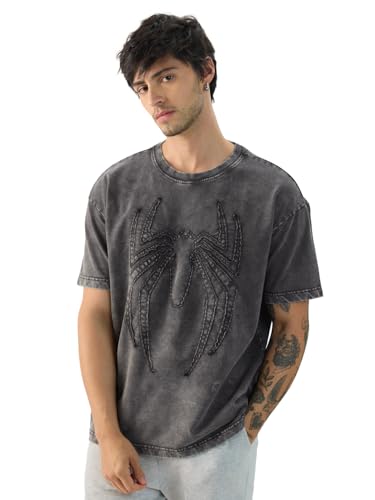 The Souled Store Official Spider-Man: Midnight Men And Boys Short Sleeve Round Neck Grey Textured Cotton Oversized T-Shirts