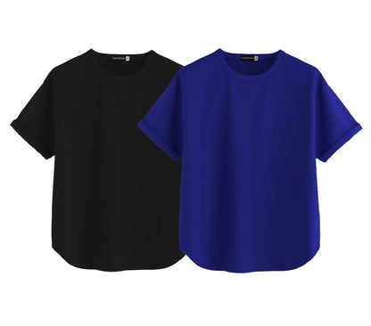 Juneberry Pure 100% Cotton Oversized Loose Baggy Fit Round Neck With Drop Shoulder Black & Royal Blue Half Sleeves Boyfriend T-S