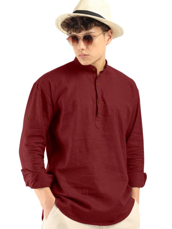 Macsivo MenS Cotton Polyester Blend Solid Regular Fit Full Sleeve Short Kurta Maroon
