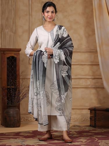 Varanga Women V Neck Sequin Hand Embroidered Floral Printed Kurta With Trouser & Printed Dupatta