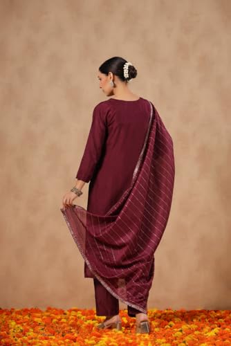 ishin Women's Poly Silk Self Design Magenta Straight Kurta Suit Set with Trousers and Dupatta