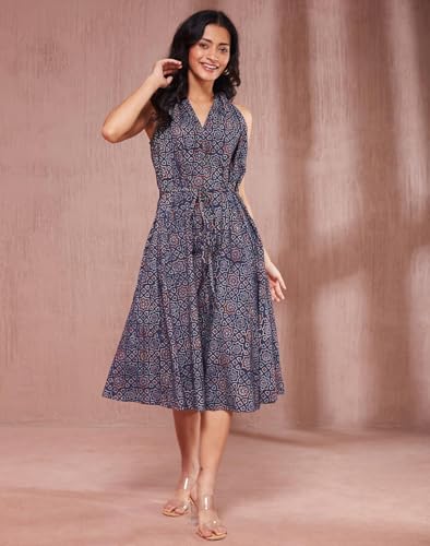 Fabindia WomenS Cotton A-Line Midi Dress (1037627Blue-Red_Blue