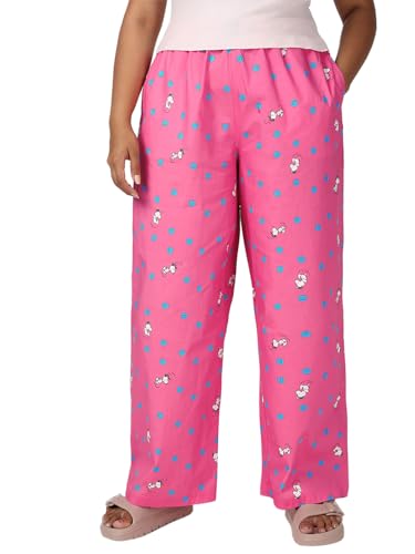 Bewakoof WomenS Official Peanuts Merchandise Snoopy All Over Printed Wide Leg Poplin Plus Size Pyjama_645102_Pink_3Xl