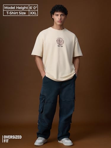 The Souled Store Disney: Night Fury Men and Boys Short Sleeves Round Neck Beige Graphic Printed Cotton Oversized T-Shirts