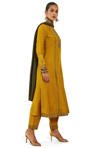 Soch Womens Mustard Chanderi Suit Set With Embroidery And Sequins