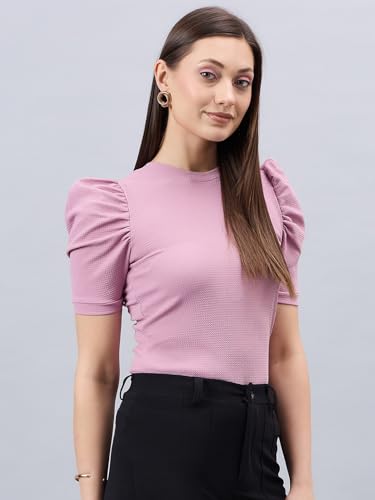 Style Quotient Women Solid Dusty Rose Poly Knit Smart Casual Regular Top