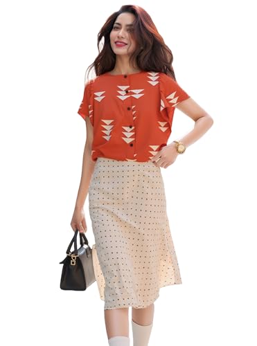 Gosriki WomenS Short Sleeve Shirt Vintage Boat Neck Rayon Blend Printed Regular Buttons Top (Carter Orange-Gs_S_Orange_Small)