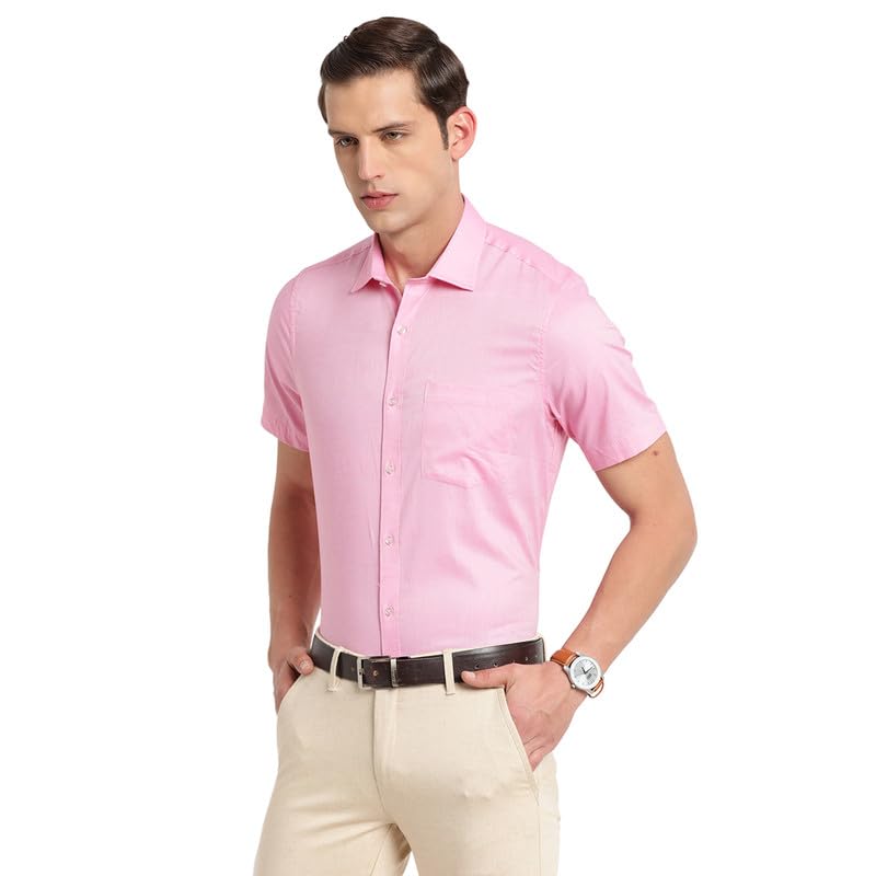Turtle Men Cotton Solid Regular Fit Half Sleeve Formal Shirts Pink
