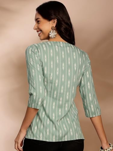Pinkmint Womens Printed Cotton Blend Short Kurti l All Over Printed V-Cut Neckline Casual Wear Tunic Tops l Ethnic Tops for G