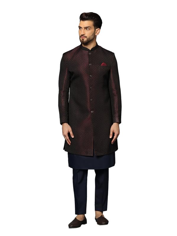 Kisah MenS Maroon And Navy Blue Indo-Western Kurta Sherwani Trousers Set Cotton Full Sleaves, Knee Length, Straight, Regular Fi