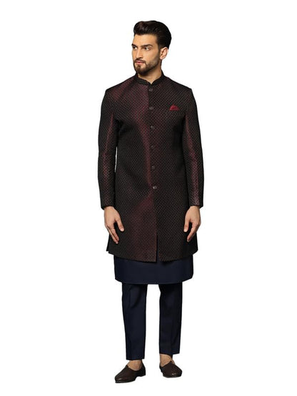 Kisah MenS Maroon And Navy Blue Indo-Western Kurta Sherwani Trousers Set Cotton Full Sleaves, Knee Length, Straight, Regular Fi