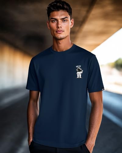 Bewakoof Mens Peace Out Astronaut Printed 100% Cotton T-Shirt - Regular Fit, Round Neck, Half Sleeves Blue