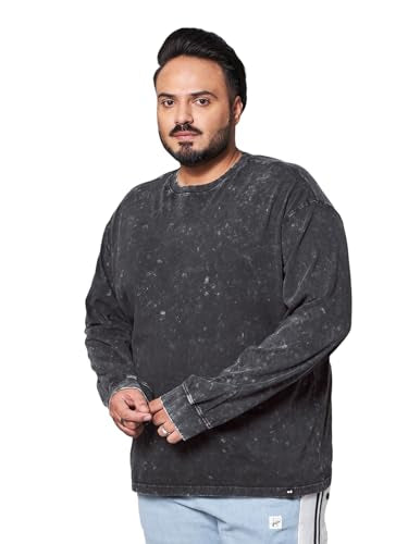 Bewakoof Mens Self Design Oversized Fit Full Sleeve Round Neck Cotton Jersey Plus Size Acid Wash T-Shirt_624631_Grey_3XL
