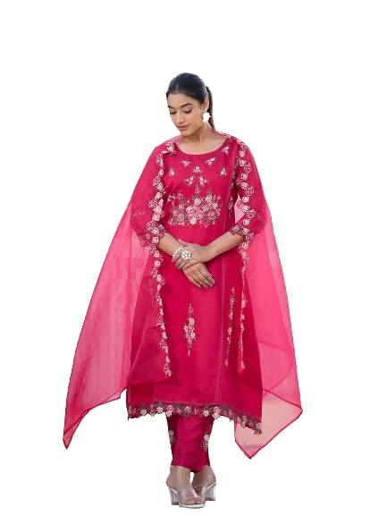 Varanga Women Fuchsia Pink Embroidered Scallop Detail Kurta Paired With Bottom And Dupatta