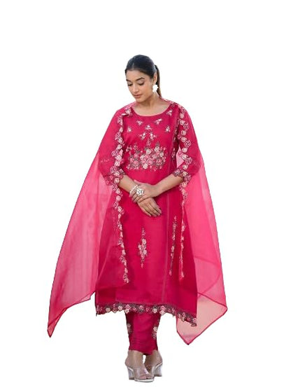 Varanga Women Fuchsia Pink Embroidered Scallop Detail Kurta Paired With Bottom And Dupatta