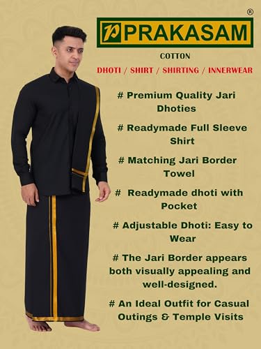 Prakasam Cotton Mens Flexi Readymade Black Jari Border Dhoti + Full Sleeve Black Shirt + Matching Black Jari Border Towel