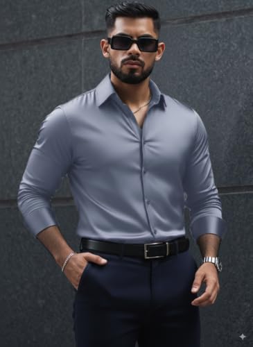 Indoprimo MenS Stylish Solid Satin Casual Shirt For Men Full Sleeve Darkgrey