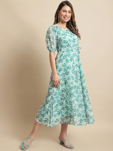 Preneum WomenS Maxi Fit & Flare Latest Style Print Georgette Regular Sleeves Casual Summer Maxi Dress || Festival & Occasion, S