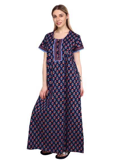 Evolove Womens Cotton Long Maxi Night Gown Nighty Dress with Pocket & Stylish Button, Super Soft Comfortable (Royal Blue 1, LNG