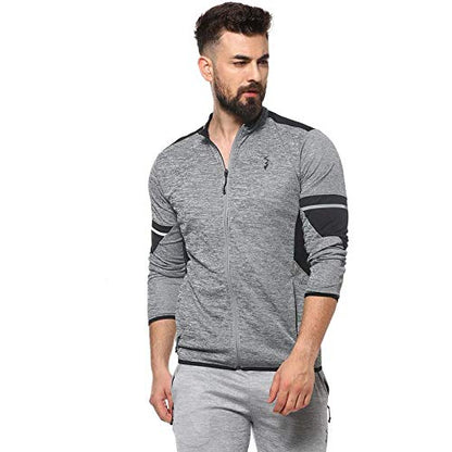 Campus Sutra Mens Grey & Black Colour-Blocked Dri-Fit Activewear Jacket Regular Fit for Casual Wear | Structured Jacket Crafted