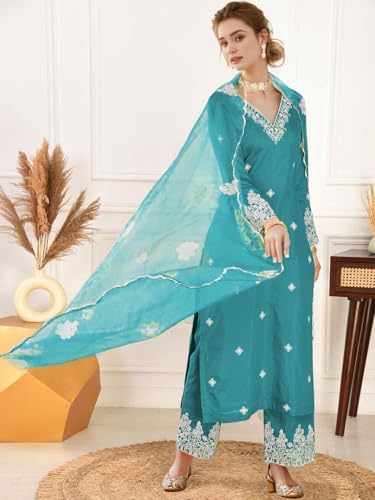 Shienzy WomenS Embroidered Chanderi Kurta Pant Set With Net Dupatta | V Neck, 3/4 Sleeve Ethnic Set | Outfit For Office Wear (1