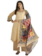 Varanga Women Elegant Beige Shimmer Kurta Set With Intricate Lace Detailing, Paired With Solid Trousers And Patola Printed Dupat