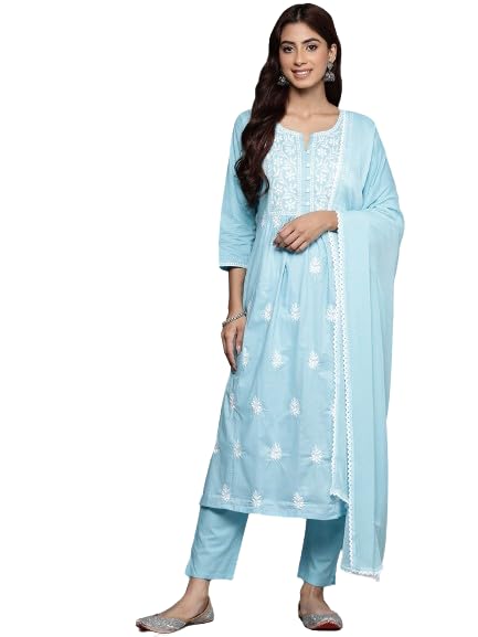 Varanga Women Blue Thread Embroidered Straight Kurta with Bottom and Dupatta