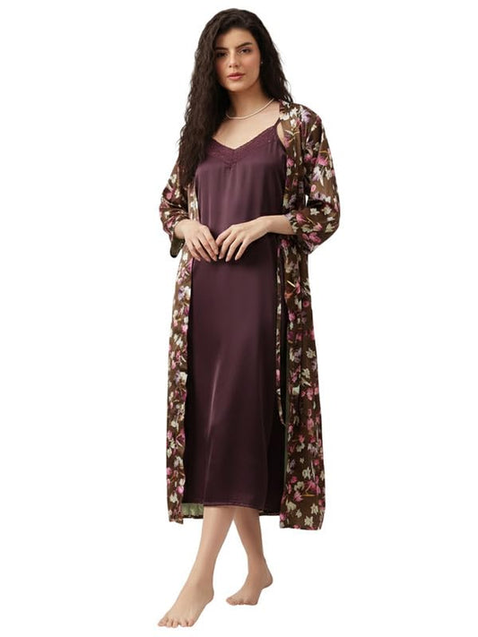 Clovia Womens Satin Long Nighty & Robe Set (NS1499P15_Purple_XXL)