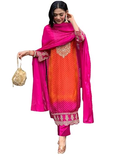 GoSriKi Womens Rayon Blend Straight Embroidered Kurta with Pant & Dupatta (Lasivan Pink-GS_XL_Pink_X-Large)
