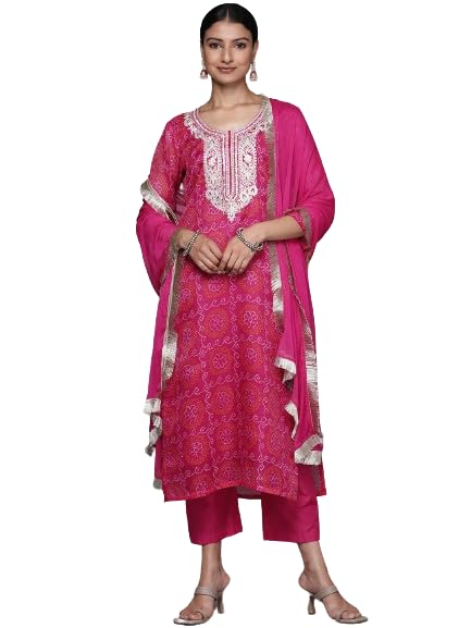 Varanga Women Fuchsia Bandhani Printed Gota Yoke Embroidered Straight Kurta, Paired With Tonal Bottom And Dupatta.