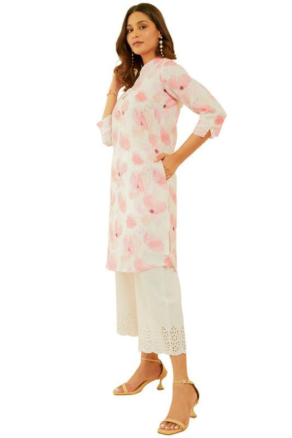 Soch Womens Off White & Pink Floral Print Linen Blend Kurta