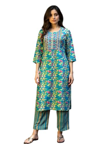rangita Women Teal Rayon Embroidered Straight Calf Length Kurta with Pant