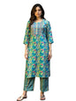 rangita Women Teal Rayon Embroidered Straight Calf Length Kurta with Pant