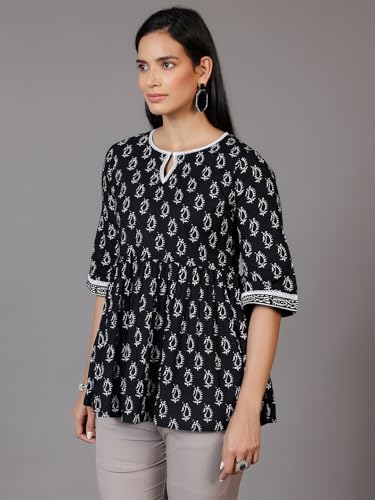 Libas WomenS Pure Cotton Printed A-Line Kurtis (26590_Black