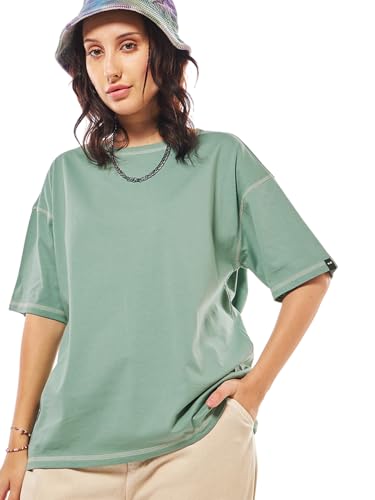 Bewakoof Women Solid Oversized Fit Half Sleeve Round Neck Cotton Jersey T-Shirt_628005_Green_S