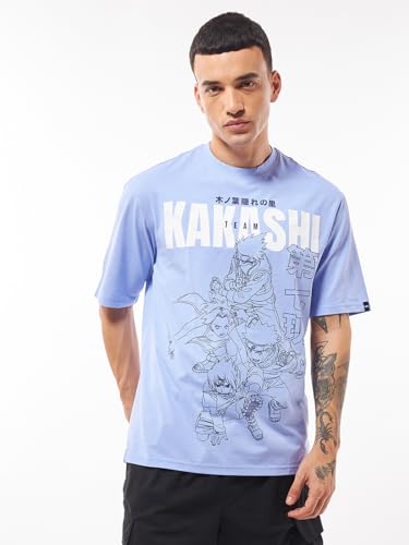 Bewakoof Official Naruto Merchandise Kakashi Chidori Mens Graphic Printed Oversized Fit Half Sleeve Round Neck Cotton Jersey T-