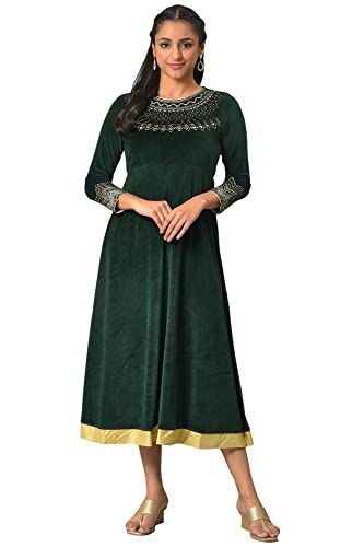 Aurelia Women Emerald Green Cotton Blend Solid A-Line Dress