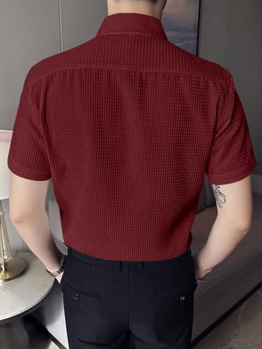 Greciilooks Solid For Casual Stylish Waffle Regular Fit | Men Formal Half Sleeve Shirt (Gl-Ms-6237_Maroon