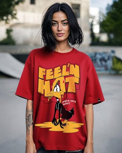Bewakoof Looney Tunes X Merchandise Womens Feeln Hot Graphic Print Cotton T-Shirt- Oversized Fit, Round Neck, Half Sleeves 582