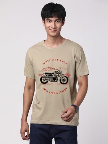 ADRO Men's Royal Bike Design Printed 100% Cotton T-Shirt - Regular Fit, Printed T-Shirts for Men (RN24-RYL-BE_Beige)
