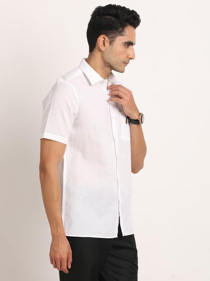 Turtle Men Cotton Linen Silm Fit White Solid Formal Half Sleeve Shirt