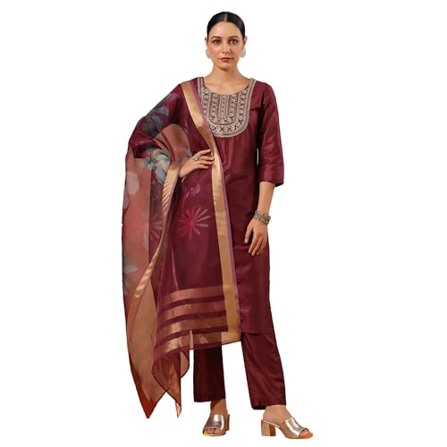 ishin Women's Poly Silk Yoke Design Zari Wine Straight Kurta Suit Set with Trousers and Dupatta