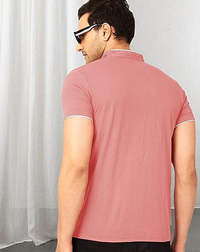 EYEBOGLER Cotton Blend Henley Neck Half Sleeve Solid Men Tshirt Peach White