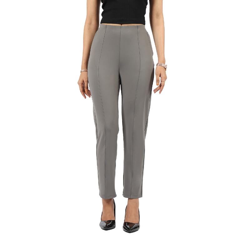 BlissClub Women The Ultimate High Rise Straight Pants|Trousers for Women|Straight Fit|Pintuck Design|Polyester,Grey
