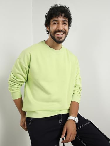Nobero MenS Cotton Blend Crew Neck Sweatshirt (1M-Twss-R0005_Cool Matcha