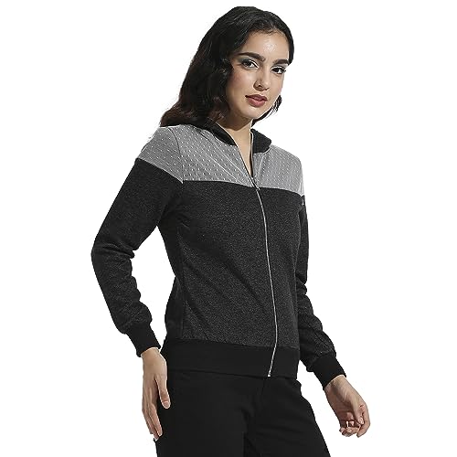 Campus Sutra Womens Grey Zip-Front Hoodie with Polka Dot Detail for Casual Wear | Hooded Neck | Long Sleeve | Zipper Closure |