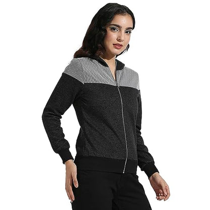 Campus Sutra Womens Grey Zip-Front Hoodie with Polka Dot Detail for Casual Wear | Hooded Neck | Long Sleeve | Zipper Closure |