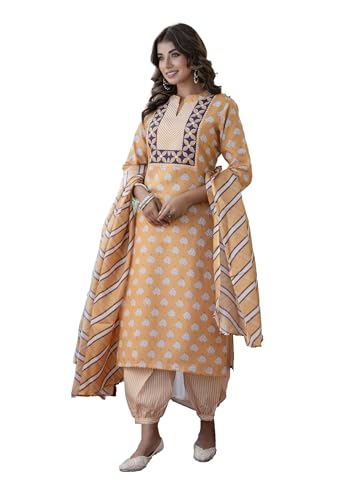 LookMark Women Printed Cotton Blend Straight Kurta Afghani Pant Dupatta Set - Ethnic Elegance Embodied | Perfect Fusion of Tradition and Style