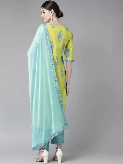 GoSriKi Women's Cotton Blend Straight Printed Kurta with Pant & Dupatta (Pari Green-GS)